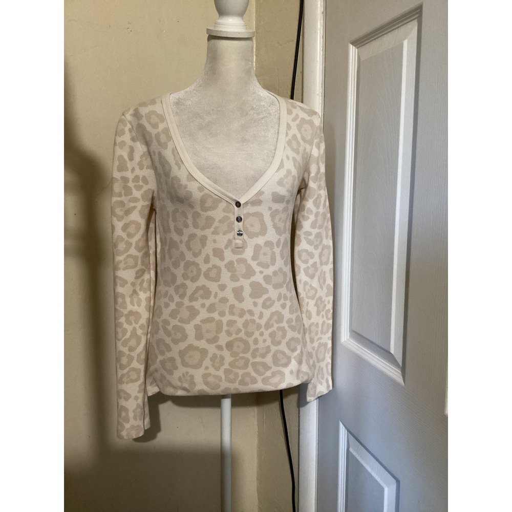 Splendid Womens Leopard Print Thermal Waffle Knit Henley Top Cream Tan Small